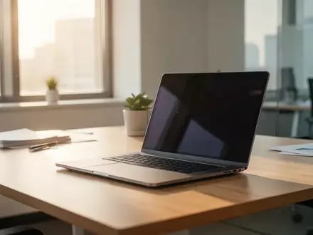 Ein moderner, heller Büroarbeitsplatz mit einem aufgeklappten Laptop auf einem Schreibtisch bei natürlichem Tageslicht. - Foto: über boerse-global.de