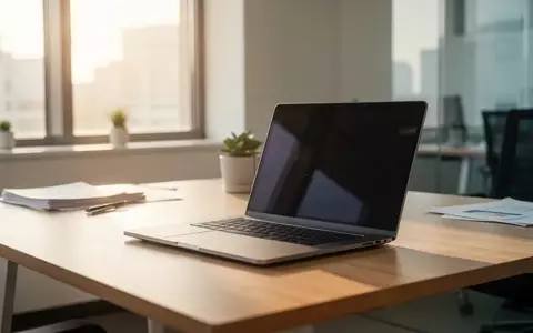 Ein moderner, heller Büroarbeitsplatz mit einem aufgeklappten Laptop auf einem Schreibtisch bei natürlichem Tageslicht. - Foto: über boerse-global.de