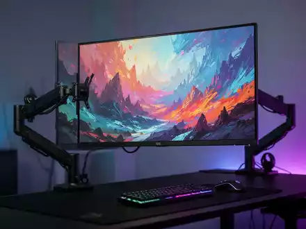 Ein moderner 27-Zoll-Gaming-Monitor mit schmalem Rahmen, montiert an einem professionellen Monitorarm in einem Gaming-Zimmer. - Foto: über boerse-global.de