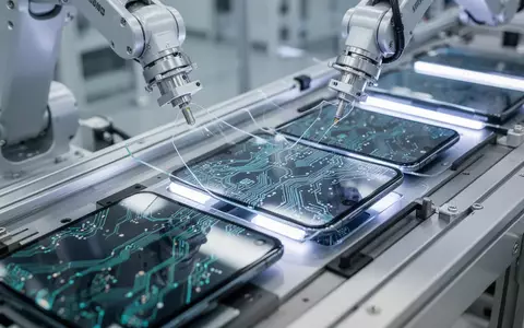 Nahaufnahme einer automatisierten Fertigungslinie für OLED-Smartphone-Displays in einem modernen Reinraum. - Foto: über boerse-global.de