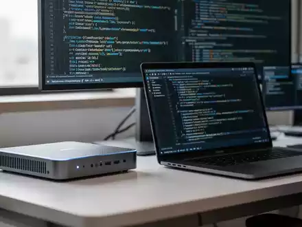Ein moderner Mini-PC und ein Laptop auf einem Büroschreibtisch, während auf einem Monitor technischer Programmiercode zu sehen ist. - Foto: über boerse-global.de
