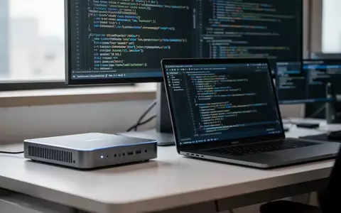 Ein moderner Mini-PC und ein Laptop auf einem Büroschreibtisch, während auf einem Monitor technischer Programmiercode zu sehen ist. - Foto: über boerse-global.de