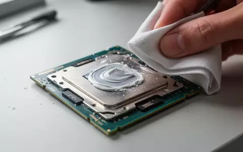 Nahaufnahme eines Computerprozessors, bei dem alte Wärmeleitpaste fachmännisch entfernt wird. - Foto: über boerse-global.de