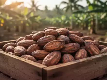 Nahaufnahme von rohen Kakaobohnen in einer Holzkiste auf einer Plantage. - Foto: über boerse-global.de