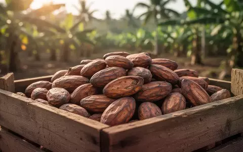Nahaufnahme von rohen Kakaobohnen in einer Holzkiste auf einer Plantage. - Foto: über boerse-global.de