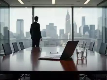 Ein modernes, minimalistisches Büro mit Blick auf eine Skyline, das einen leeren Konferenztisch zeigt, der den Führungswechsel bei einem Technologieunternehmen symbolisiert. - Foto: über boerse-global.de