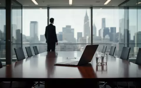 Ein modernes, minimalistisches Büro mit Blick auf eine Skyline, das einen leeren Konferenztisch zeigt, der den Führungswechsel bei einem Technologieunternehmen symbolisiert. - Foto: über boerse-global.de