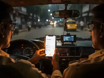 Ein Taxifahrer in Delhi nutzt nachts ein Smartphone zur Sprachbildung, während er durch die beleuchteten Straßen fährt. - Foto: über boerse-global.de