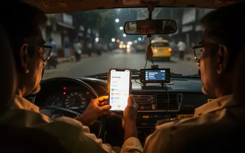 Ein Taxifahrer in Delhi nutzt nachts ein Smartphone zur Sprachbildung, während er durch die beleuchteten Straßen fährt. - Foto: über boerse-global.de