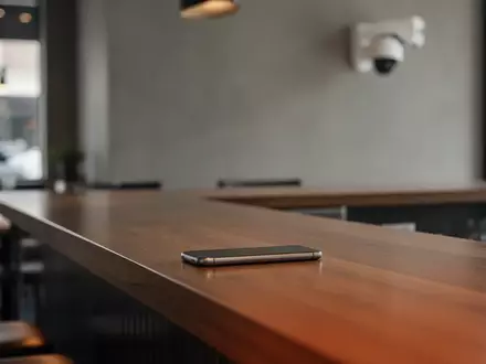 Ein unbesetzter Kassentresen in einem Gastronomiebetrieb mit einer im Hintergrund sichtbaren Überwachungskamera. - Foto: über boerse-global.de