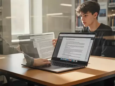 Eine Studentin arbeitet konzentriert an einem Laptop in einer modernen Bibliothek, umgeben von Fachliteratur. - Foto: über boerse-global.de