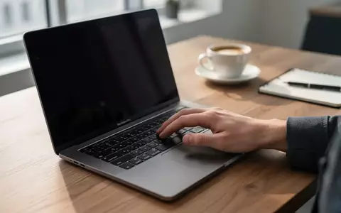 Eine Nahaufnahme einer Hand auf dem Trackpad eines MacBook Pro in einer modernen, professionellen Büroumgebung. - Foto: über boerse-global.de