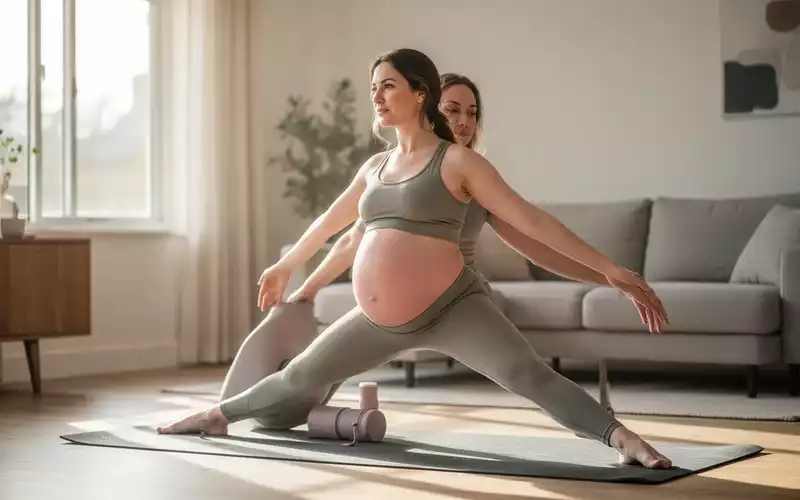 Schwangere Frau bei sanften Yoga-Übungen in einem hellen, modern eingerichteten Wohnzimmer. - Foto: über boerse-global.de