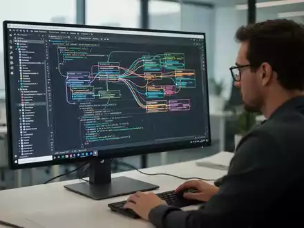 Ein Softwareentwickler arbeitet konzentriert an einem Monitor mit komplexen Code-Strukturen und Softwarearchitekturen. - Foto: über boerse-global.de