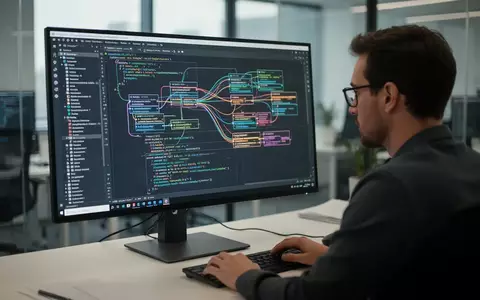 Ein Softwareentwickler arbeitet konzentriert an einem Monitor mit komplexen Code-Strukturen und Softwarearchitekturen. - Foto: über boerse-global.de