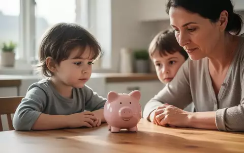 Ein Elternteil und ein Kind sitzen gemeinsam am Küchentisch und beschäftigen sich mit einem Sparschwein, Symbol für finanzielle Vorsorge. - Foto: über boerse-global.de