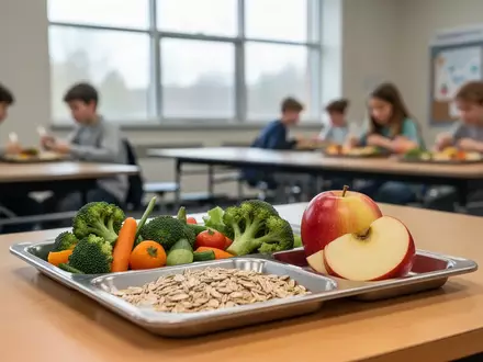 Ein Mittagessen mit frischem Gemüse und Vollkornprodukten auf einem Tablett in einer hellen Schulkantine. - Foto: über boerse-global.de