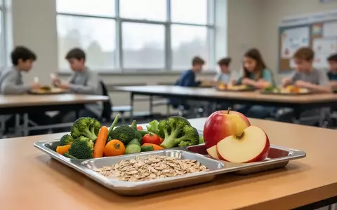 Ein Mittagessen mit frischem Gemüse und Vollkornprodukten auf einem Tablett in einer hellen Schulkantine. - Foto: über boerse-global.de