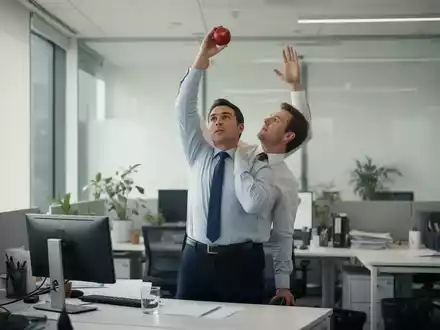 Eine Person im modernen Büro steht auf und führt eine Dehnübung aus, indem sie einen Arm nach oben streckt. - Foto: über boerse-global.de