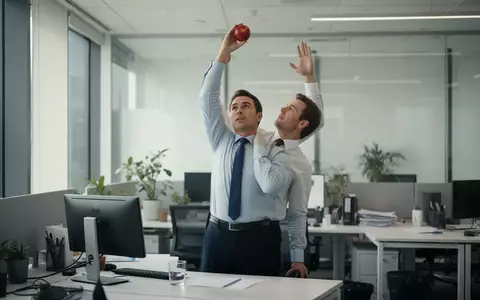 Eine Person im modernen Büro steht auf und führt eine Dehnübung aus, indem sie einen Arm nach oben streckt. - Foto: über boerse-global.de