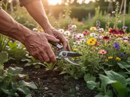 Nahaufnahme von gärtnerischen Händen, die im Spätsommer Stauden in einem gepflegten Garten beschneiden. - Foto: über boerse-global.de