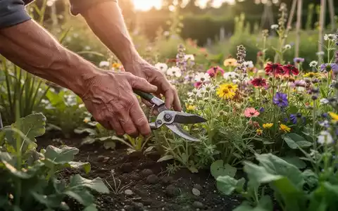 Nahaufnahme von gärtnerischen Händen, die im Spätsommer Stauden in einem gepflegten Garten beschneiden. - Foto: über boerse-global.de