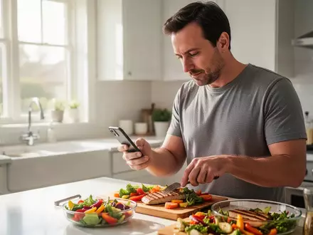 Ein Mann bereitet in einer hellen, modernen Küche eine gesunde Mahlzeit zu, während er auf sein Smartphone schaut. - Foto: über boerse-global.de