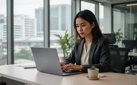 Eine junge Frau arbeitet in einem modernen Büro in Manila an ihrem Laptop, umgeben von einer hellen, professionellen Arbeitsumgebung. - Foto: über boerse-global.de