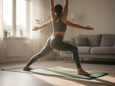 Eine Person praktiziert morgens Yoga in einem hellen Wohnzimmer, um einen gesunden Lebensstil zu symbolisieren. - Foto: über boerse-global.de