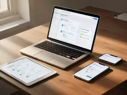 Ein moderner, aufgeräumter Arbeitsplatz mit Laptop, Tablet und Smartphone, die nahtlos miteinander synchronisiert sind. - Foto: über boerse-global.de