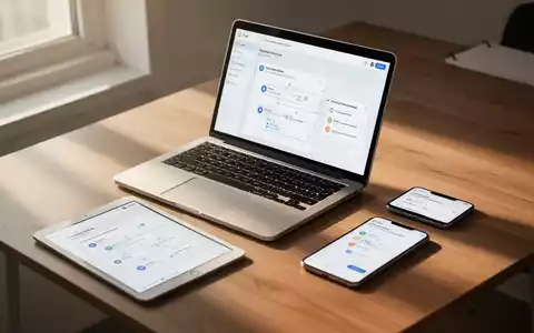 Ein moderner, aufgeräumter Arbeitsplatz mit Laptop, Tablet und Smartphone, die nahtlos miteinander synchronisiert sind. - Foto: über boerse-global.de
