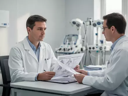Ein Arzt in einem modernen Behandlungszimmer hält eine Patientenakte, im Hintergrund sind medizinische Geräte zu sehen. - Foto: über boerse-global.de