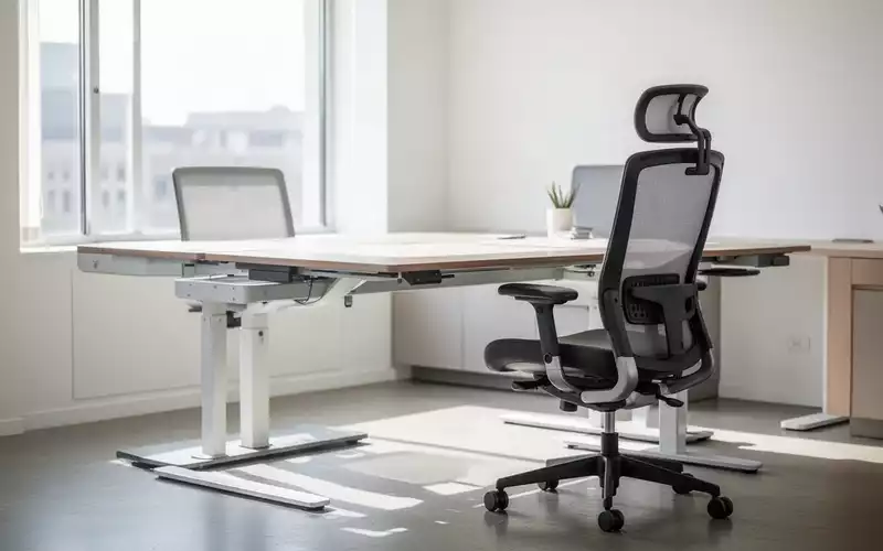 Moderner, ergonomisch gestalteter Büroarbeitsplatz mit höhenverstellbarem Schreibtisch und ergonomischem Bürostuhl. - Foto: über boerse-global.de