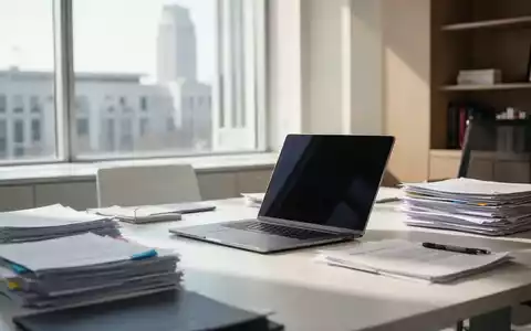 Ein moderner, heller Büroarbeitsplatz in einer Behörde mit Laptop und Dokumentenstapeln bei natürlichem Tageslicht. - Foto: über boerse-global.de