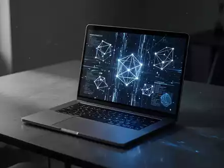 Ein moderner Arbeitsplatz mit einem Laptop, auf dessen Bildschirm abstrakte Datenstrukturen in einem dunklen Raum leuchten. - Foto: über boerse-global.de