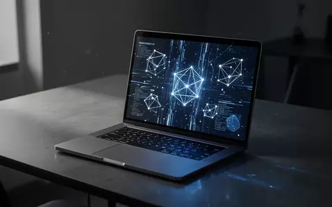 Ein moderner Arbeitsplatz mit einem Laptop, auf dessen Bildschirm abstrakte Datenstrukturen in einem dunklen Raum leuchten. - Foto: über boerse-global.de