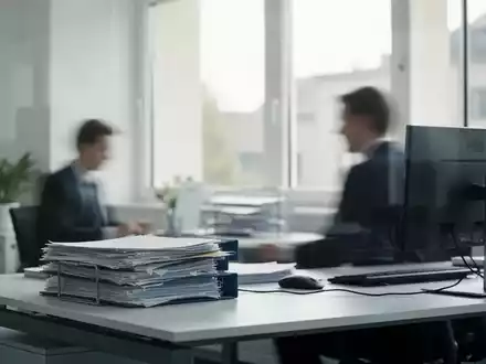 Ein moderner, heller Schreibtisch in einer deutschen Behörde mit Aktenstapeln und einem Computerarbeitsplatz. - Foto: über boerse-global.de