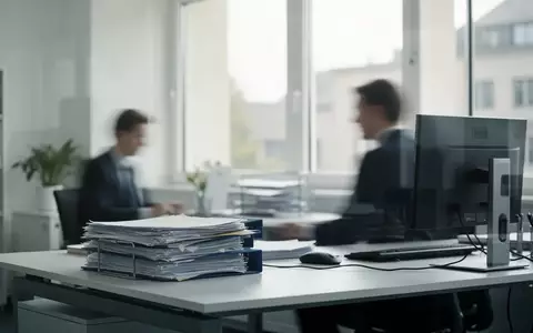 Ein moderner, heller Schreibtisch in einer deutschen Behörde mit Aktenstapeln und einem Computerarbeitsplatz. - Foto: über boerse-global.de
