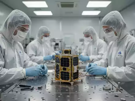 Ingenieure in einem Reinraum arbeiten an der Montage eines kleinen Satelliten. - Foto: über boerse-global.de