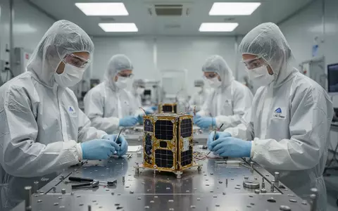 Ingenieure in einem Reinraum arbeiten an der Montage eines kleinen Satelliten. - Foto: über boerse-global.de