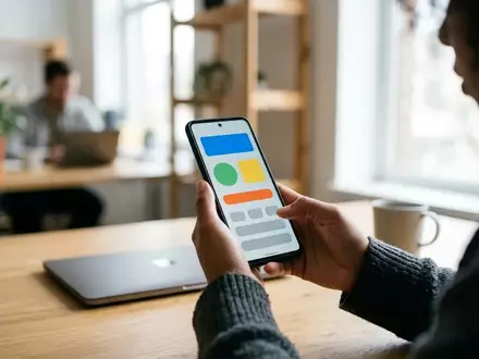 Person hält ein modernes Android-Smartphone in der Hand, Fokus auf dem Display in einer hellen Büroumgebung. - Foto: über boerse-global.de