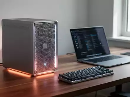 Ein moderner Schreibtisch mit einem kompakten Server und einem Laptop in einer hellen, professionellen Arbeitsumgebung. - Foto: über boerse-global.de