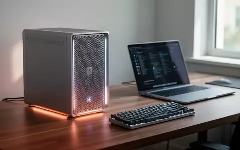 Ein moderner Schreibtisch mit einem kompakten Server und einem Laptop in einer hellen, professionellen Arbeitsumgebung. - Foto: über boerse-global.de