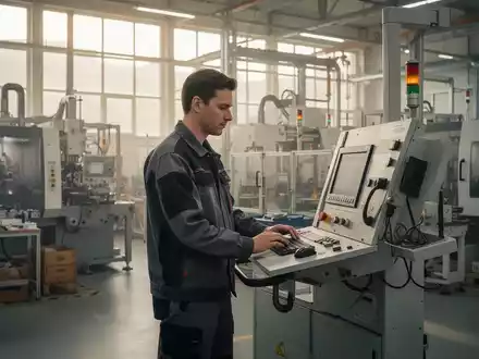 Ein Arbeiter an einer modernen Industriemaschine in einer deutschen Fertigungshalle bei Tageslicht. - Foto: über boerse-global.de