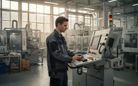 Ein Arbeiter an einer modernen Industriemaschine in einer deutschen Fertigungshalle bei Tageslicht. - Foto: über boerse-global.de