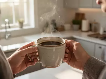 Eine Person hält eine Tasse mit schwarzem Kaffee in einer hellen, modernen Küche bei natürlichem Morgenlicht. - Foto: über boerse-global.de