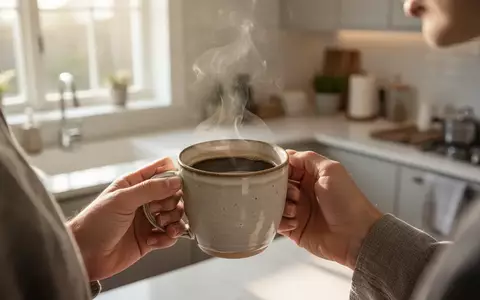 Eine Person hält eine Tasse mit schwarzem Kaffee in einer hellen, modernen Küche bei natürlichem Morgenlicht. - Foto: über boerse-global.de