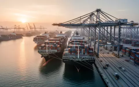 Ein moderner Industriehafen mit Containerschiffen und Kränen bei Sonnenuntergang als Symbol für internationalen Handel. - Foto: über boerse-global.de