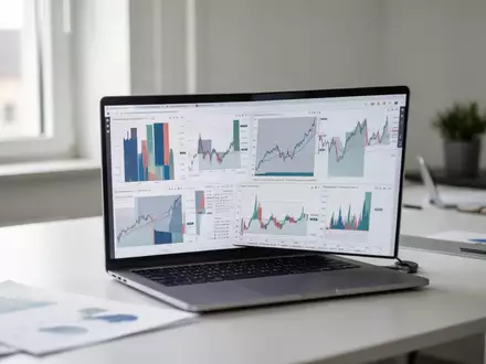 Moderner Büroarbeitsplatz mit Laptop, auf dem abstrakte Finanzdaten zu sehen sind, in einer professionellen Arbeitsumgebung. - Foto: über boerse-global.de