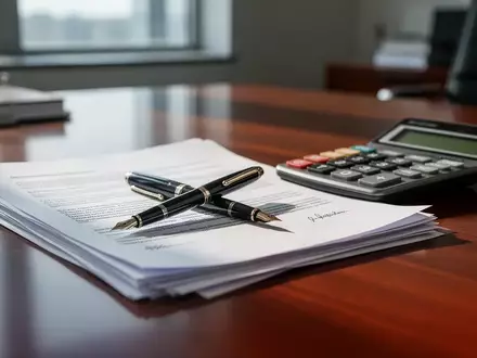 Ein Schreibtisch eines Arbeitsrechtlers mit Stift, Taschenrechner und juristischen Unterlagen in natürlichem Licht. - Foto: über boerse-global.de